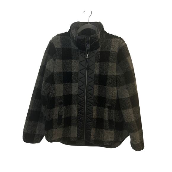 Abercrombie & Fitch Women Fleece Jacket Medium Black Gray Check Quilted Pockets - Picture 2 of 7